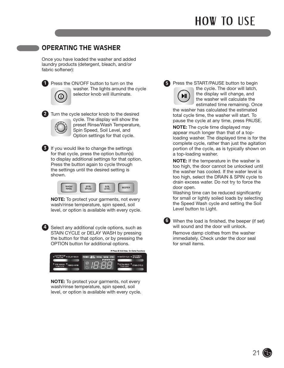 H o w to u s e, Operating the washer | LG WM2601HL User Manual | Page 21 / 108