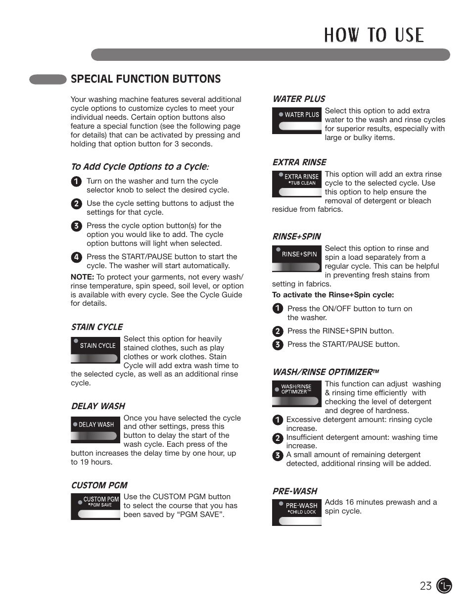 H o w to u s e, Special function buttons | LG WM2601HL User Manual | Page 23 / 108