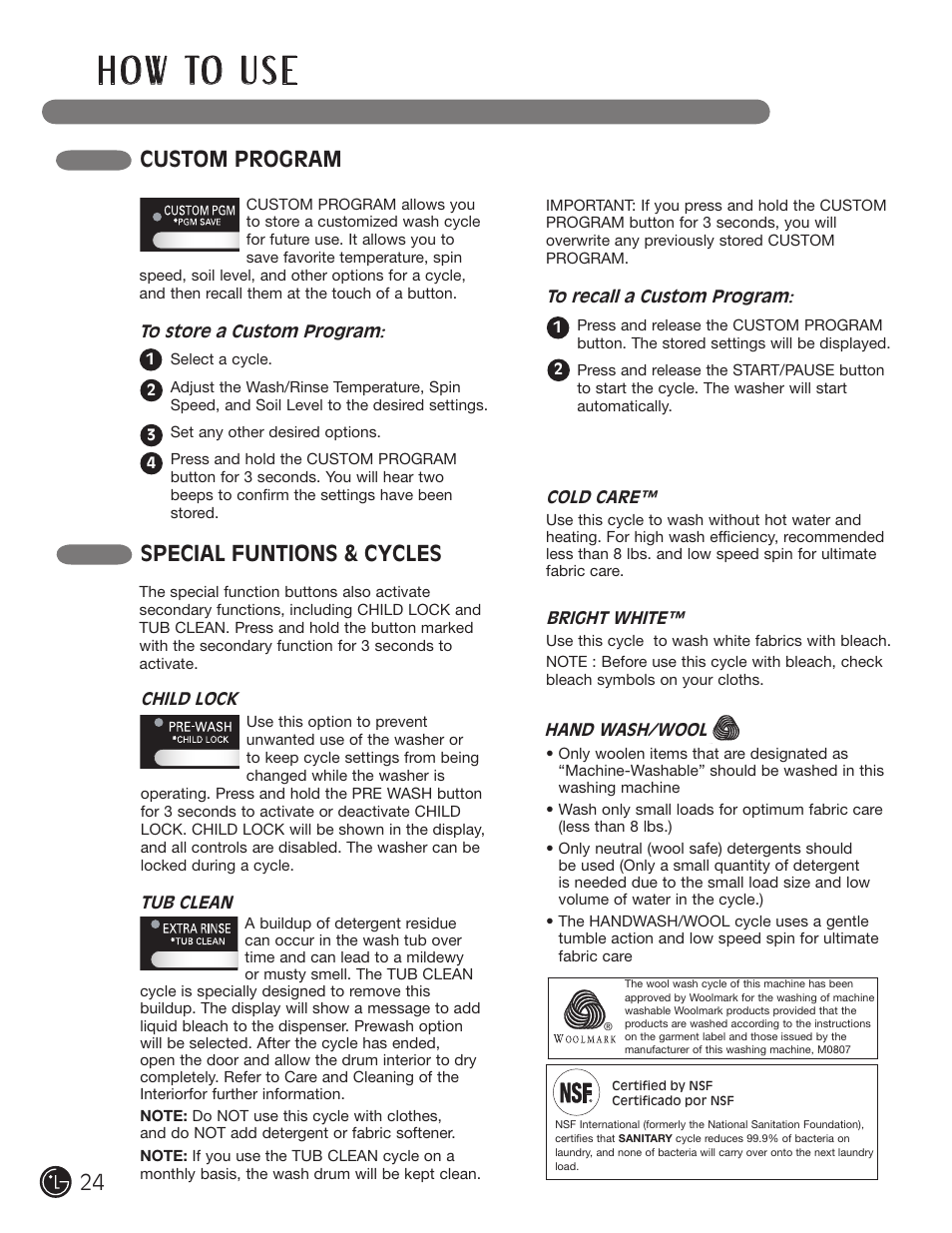 H o w to u s e, Special funtions & cycles, Custom program | LG WM2601HL User Manual | Page 24 / 108