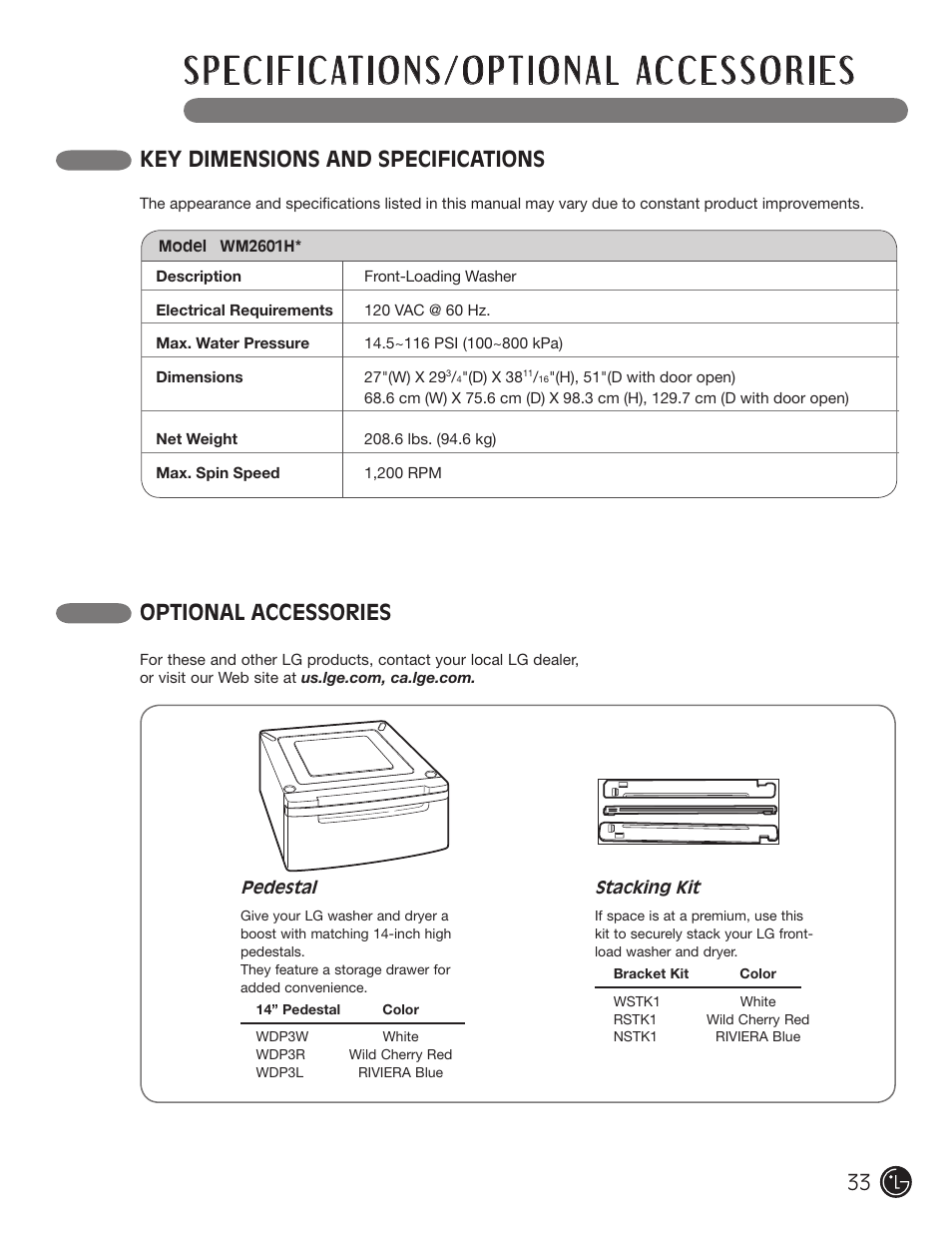 Key dimensions and specifications, Optional accessories | LG WM2601HL User Manual | Page 33 / 108