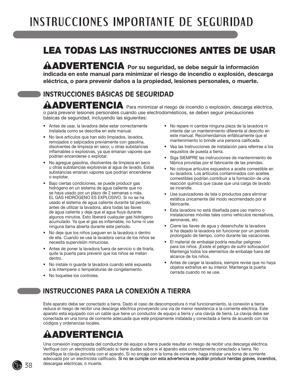 Wadvertencia, Instrucciones básicas de seguridad, Instrucciones para la conexión a tierra | LG WM2601HL User Manual | Page 38 / 108