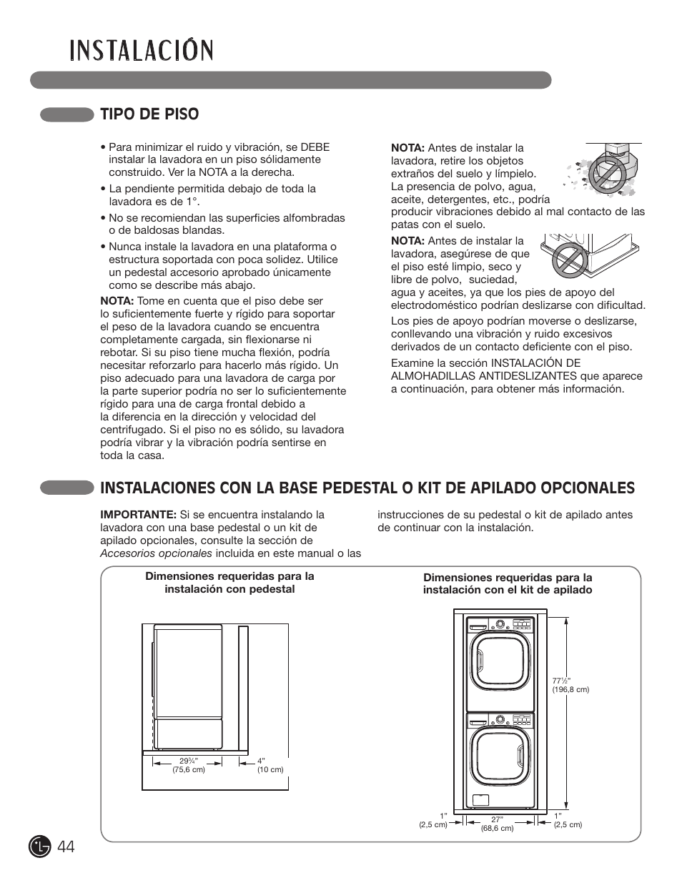 I n s ta l ac i ó n, Tipo de piso | LG WM2601HL User Manual | Page 44 / 108