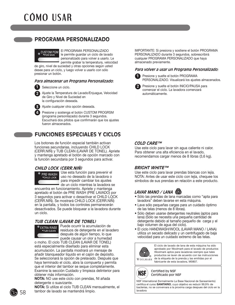 Programa personalizado, Funciones especiales y ciclos | LG WM2601HL User Manual | Page 58 / 108