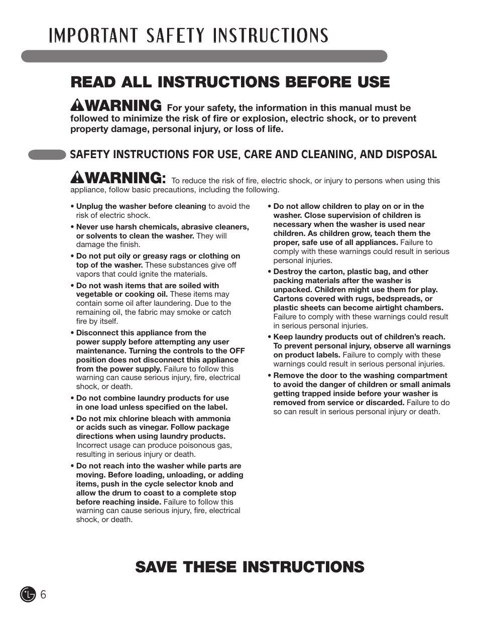 Wwarning | LG WM2601HL User Manual | Page 6 / 108