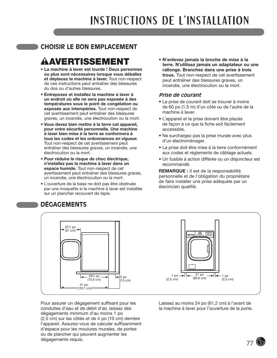 Wavertissement, Choisir le bon emplacement dégagements | LG WM2601HL User Manual | Page 77 / 108