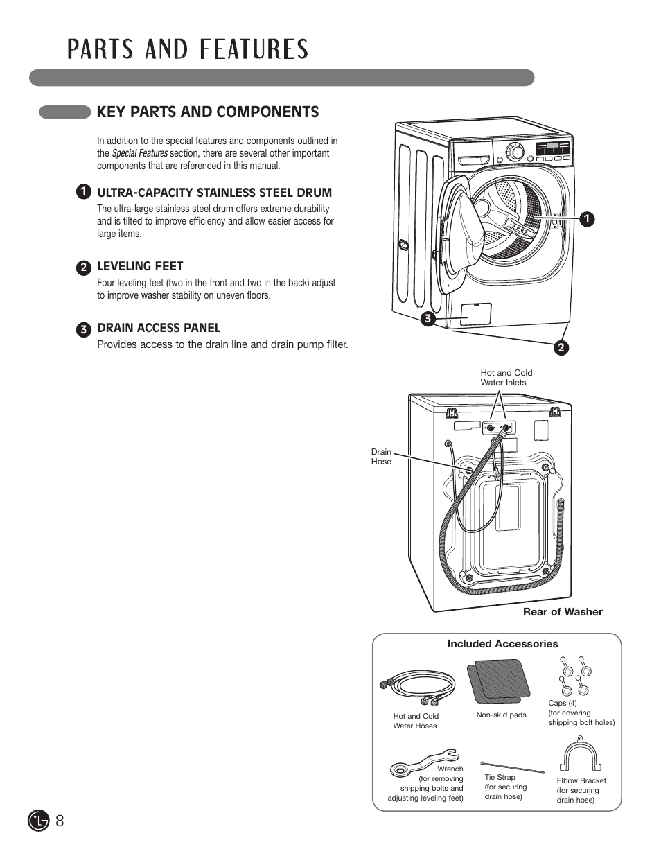 Key parts and components | LG WM2601HL User Manual | Page 8 / 108