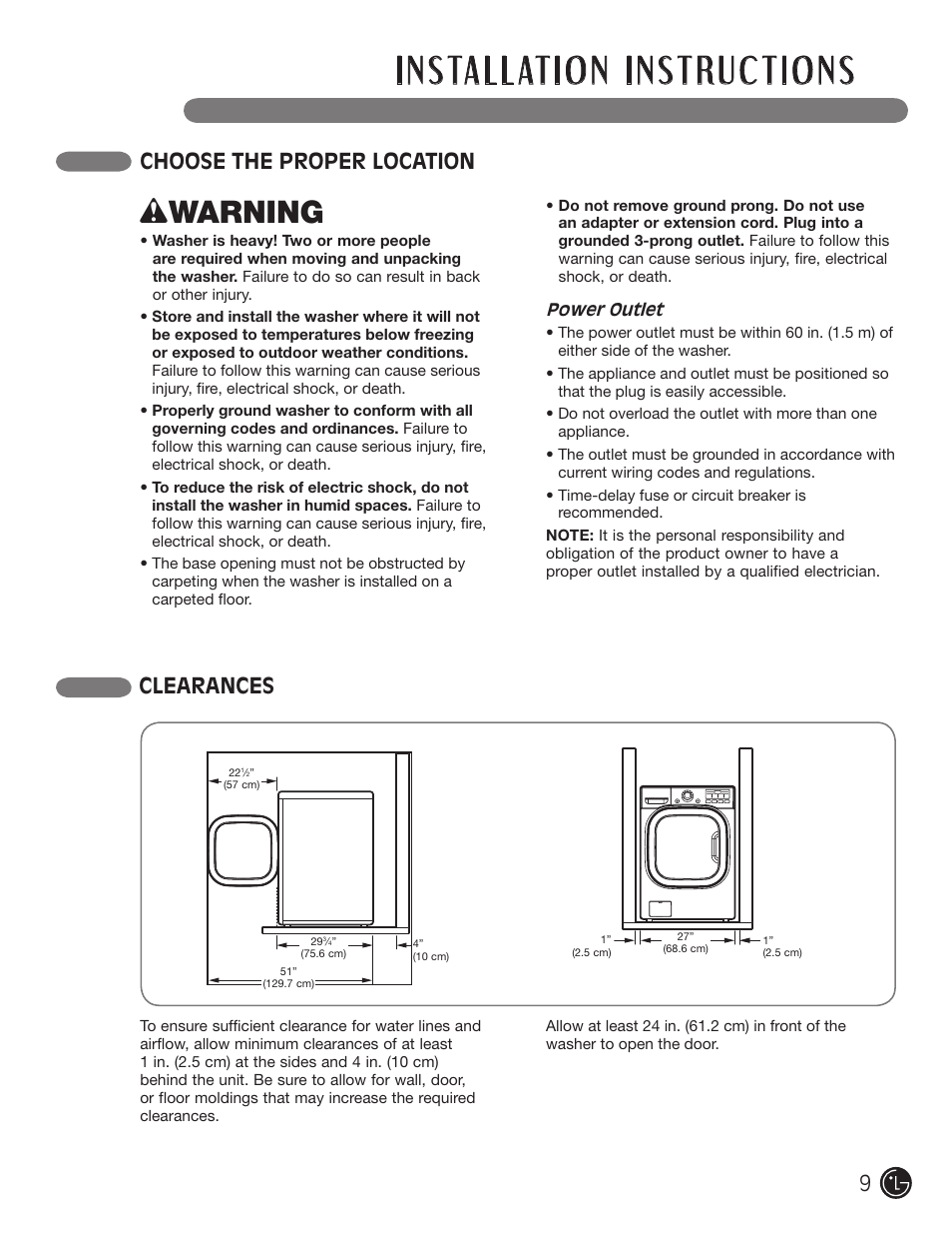 Wwarning, Choose the proper location clearances | LG WM2601HL User Manual | Page 9 / 108