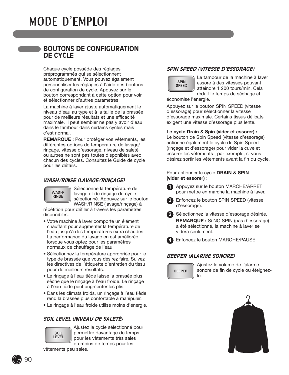 Boutons de configuration de cycle | LG WM2601HL User Manual | Page 90 / 108