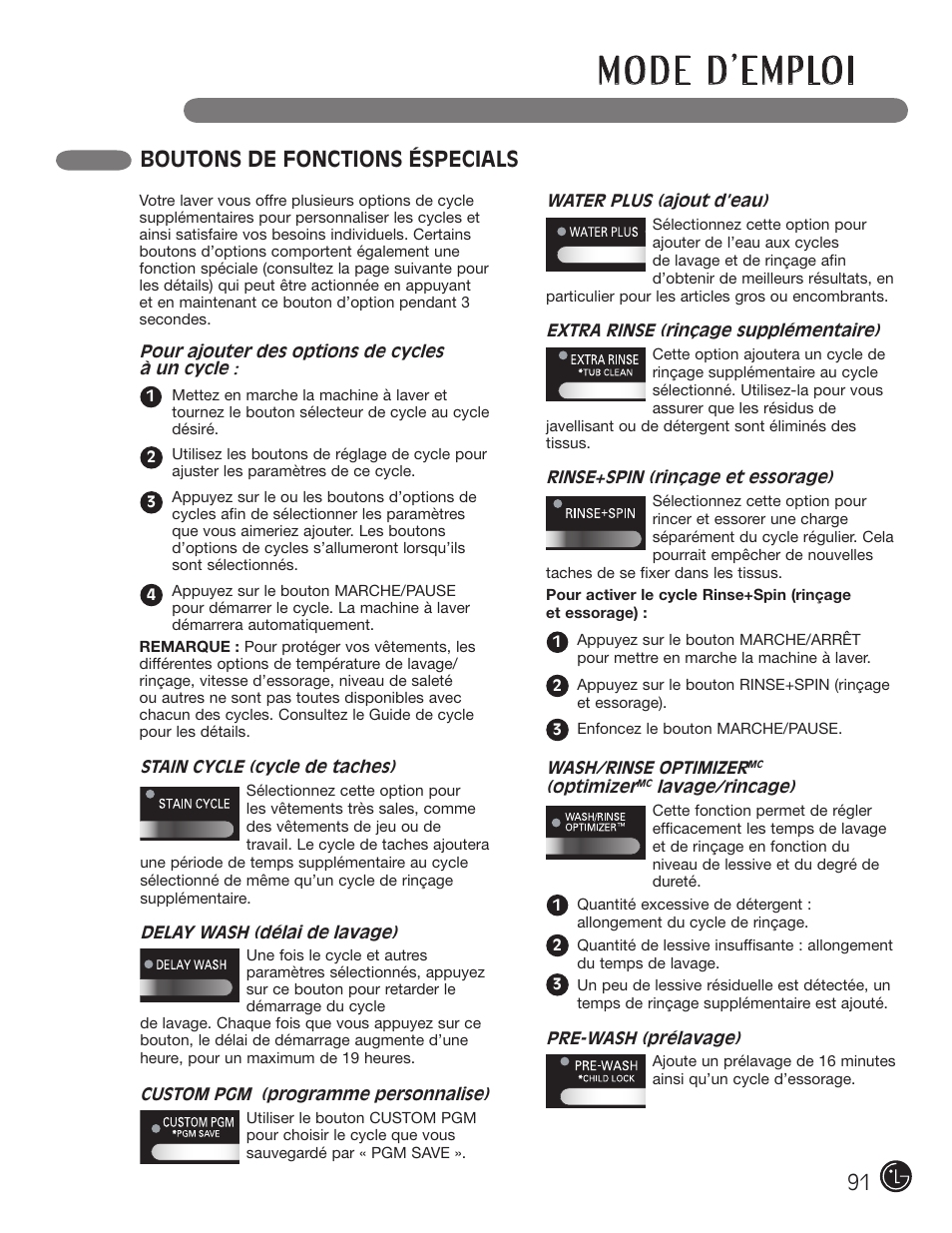 Boutons de fonctions éspecials | LG WM2601HL User Manual | Page 91 / 108