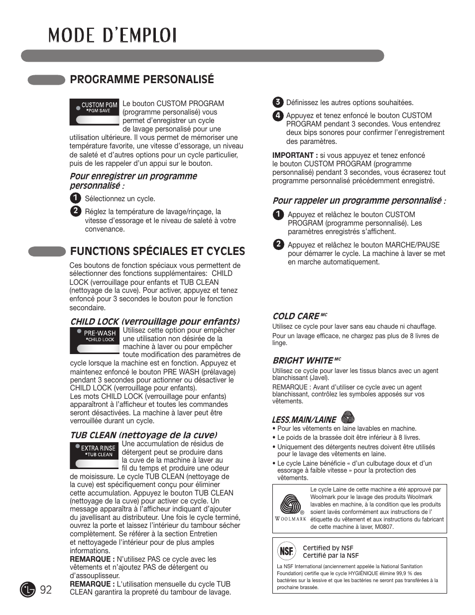 Functions spéciales et cycles, Programme personalisé | LG WM2601HL User Manual | Page 92 / 108