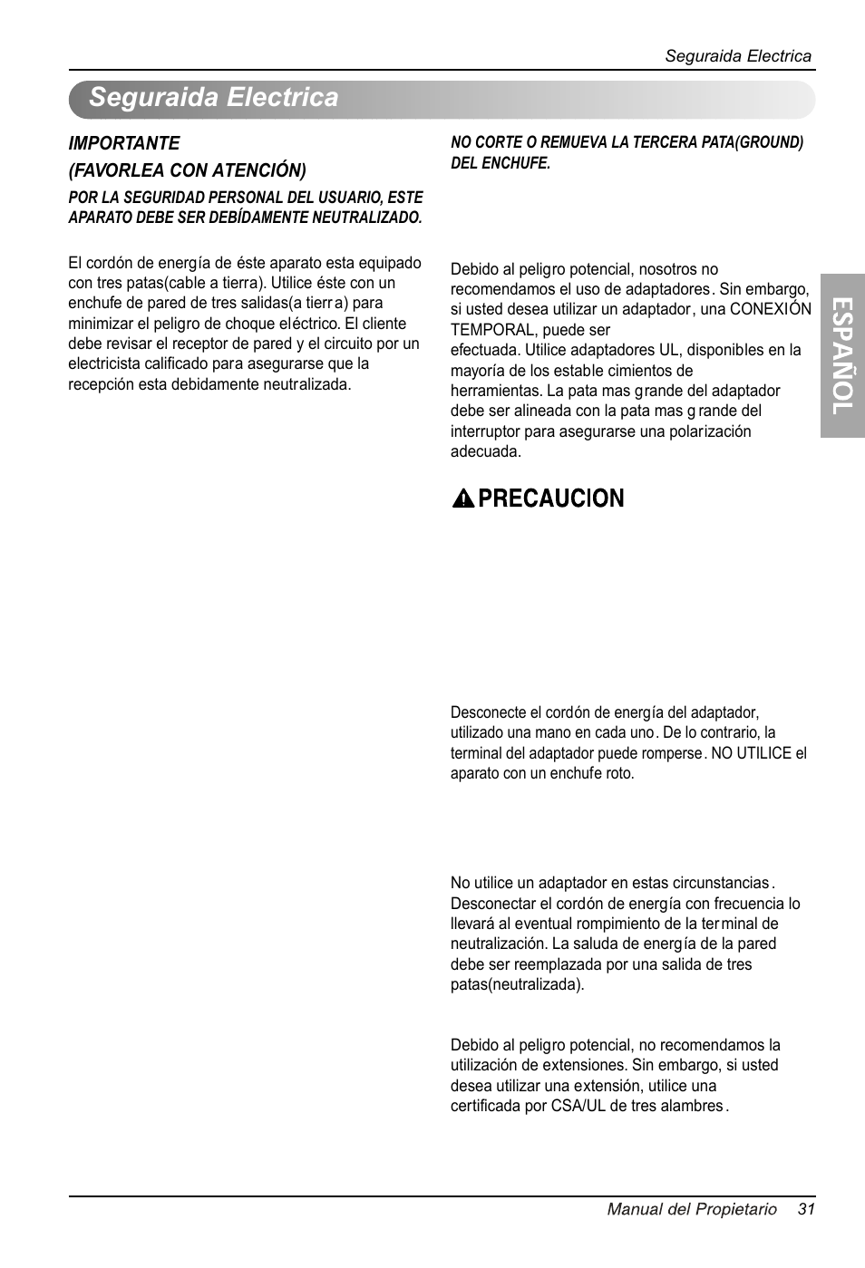 Seguraida electrica | LG LW1814ER User Manual | Page 31 / 46
