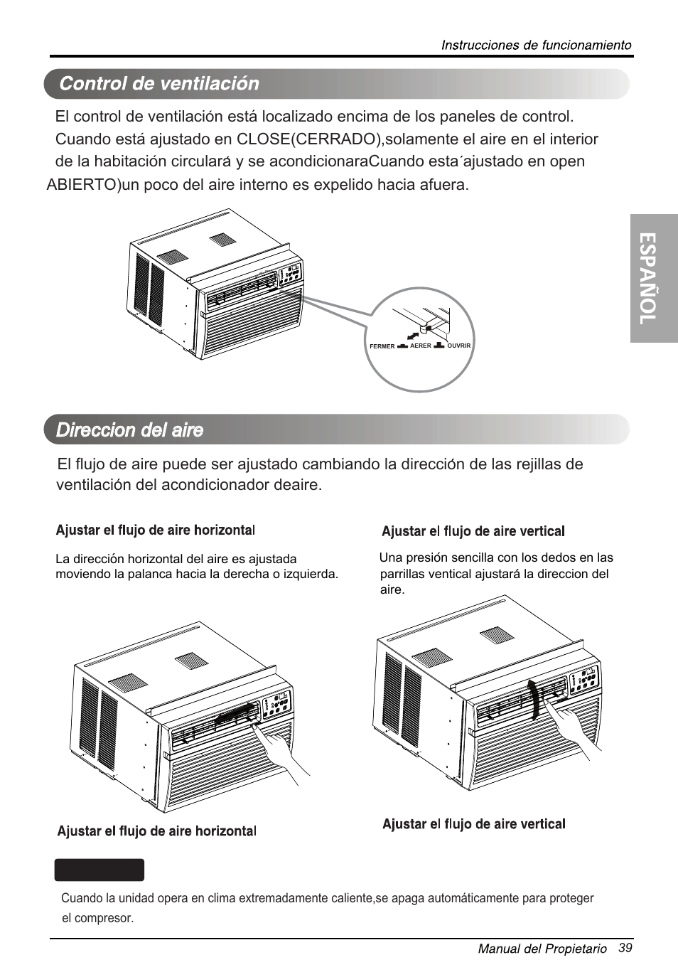 Direccion del aire, Consejo | LG LW1814ER User Manual | Page 39 / 46
