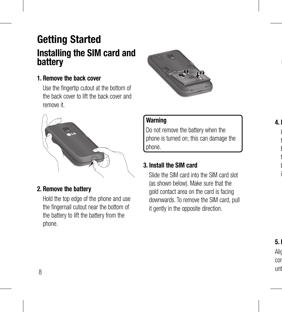 Getting started, Installing the sim card and battery | LG LG530G User Manual | Page 10 / 130