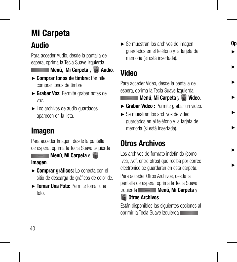 Mi carpeta, Audio, Imagen | Video, Otros archivos | LG LG530G User Manual | Page 102 / 130