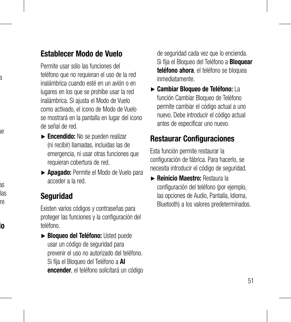 Do establecer modo de vuelo, Seguridad, Restaurar configuraciones | LG LG530G User Manual | Page 113 / 130