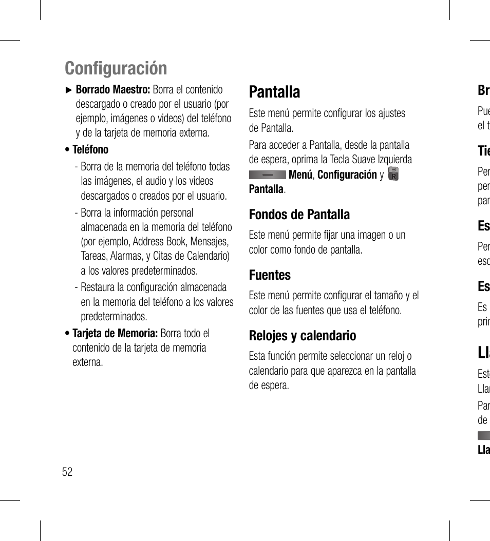 Configuración, Pantalla | LG LG530G User Manual | Page 114 / 130