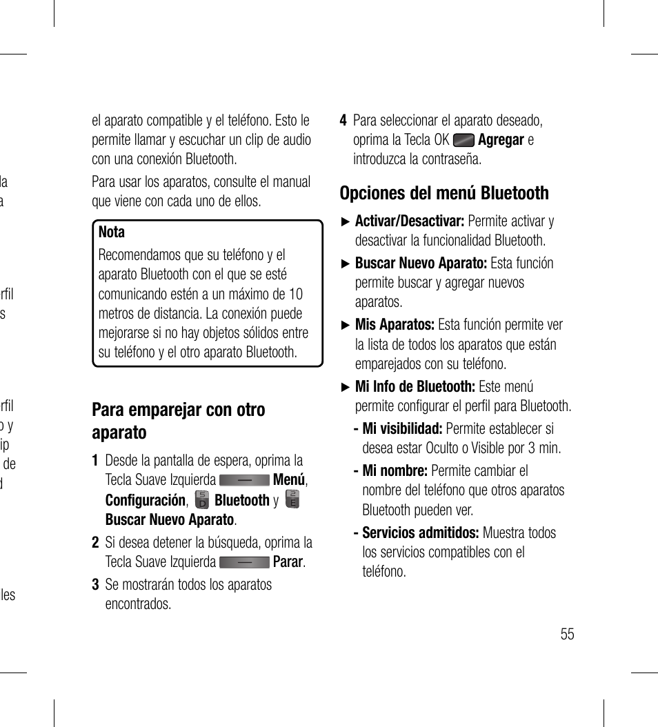 Para emparejar con otro aparato, Opciones del menú bluetooth | LG LG530G User Manual | Page 117 / 130