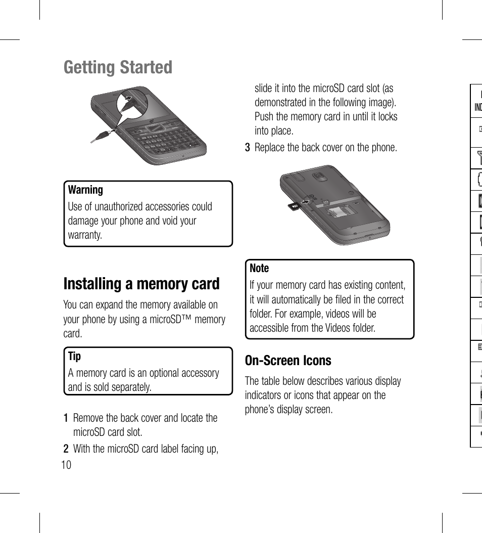 Getting started | LG LG530G User Manual | Page 12 / 130
