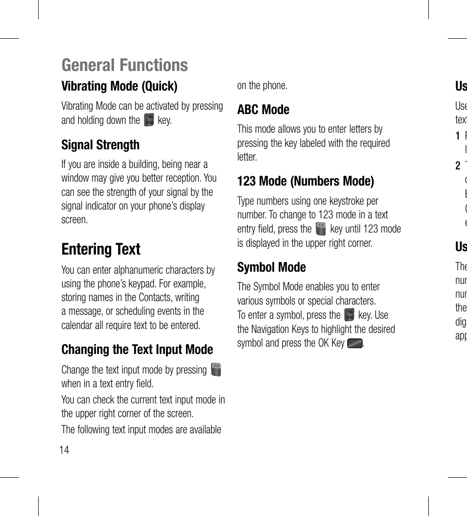 General functions, Entering text | LG LG530G User Manual | Page 16 / 130