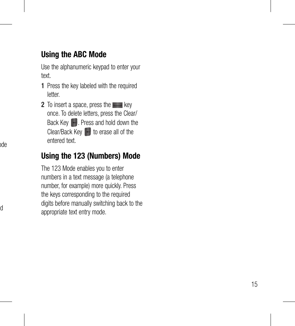 Using the abc mode, Using the 123 (numbers) mode | LG LG530G User Manual | Page 17 / 130