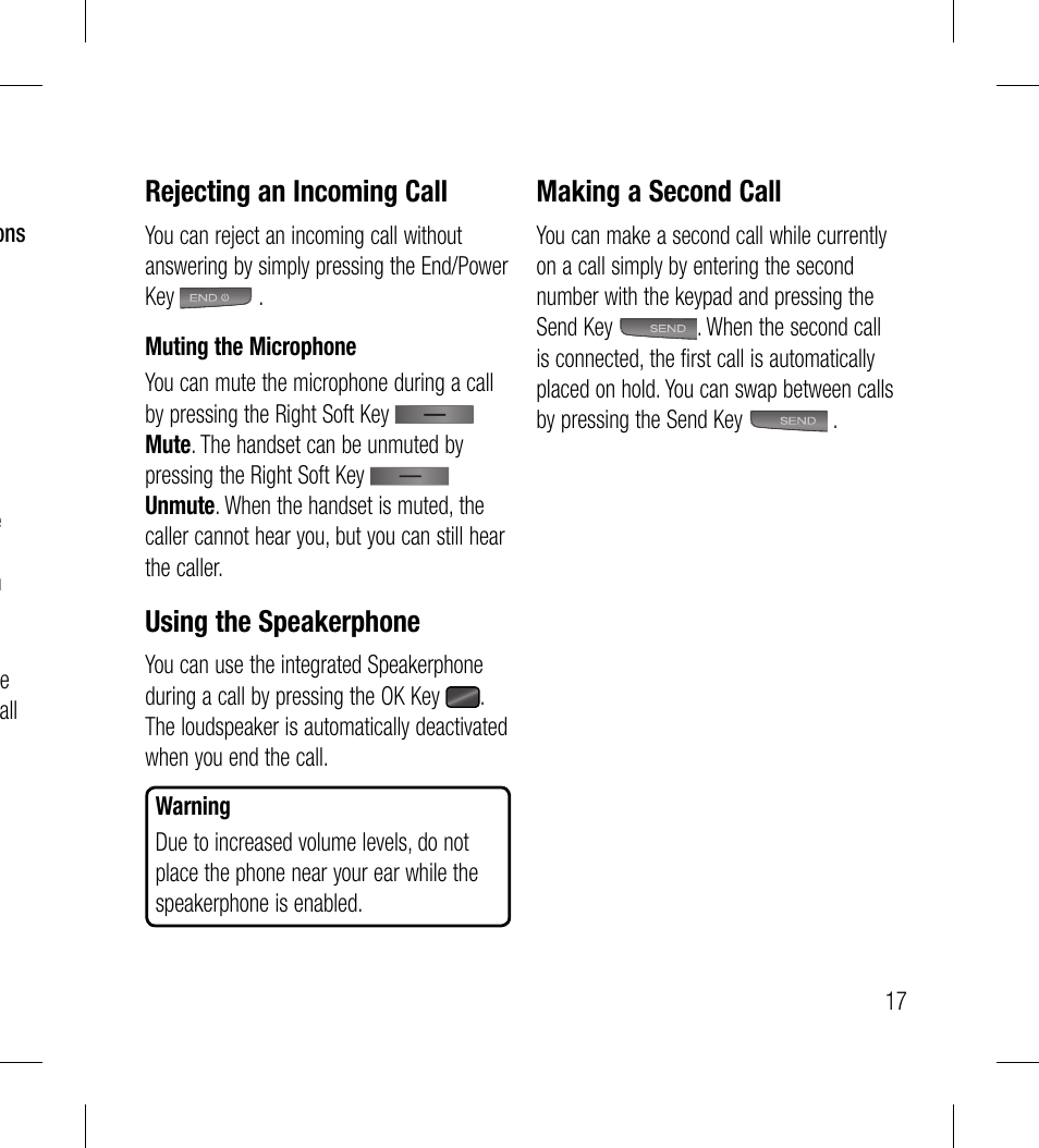 Rejecting an incoming call, Using the speakerphone, Making a second call | LG LG530G User Manual | Page 19 / 130