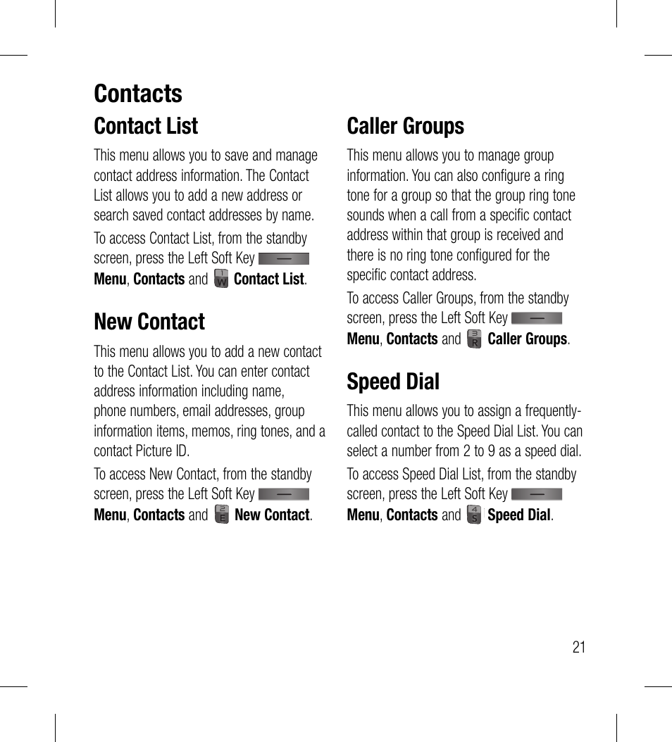 Contacts, Contact list, New contact | Caller groups, Speed dial | LG LG530G User Manual | Page 23 / 130