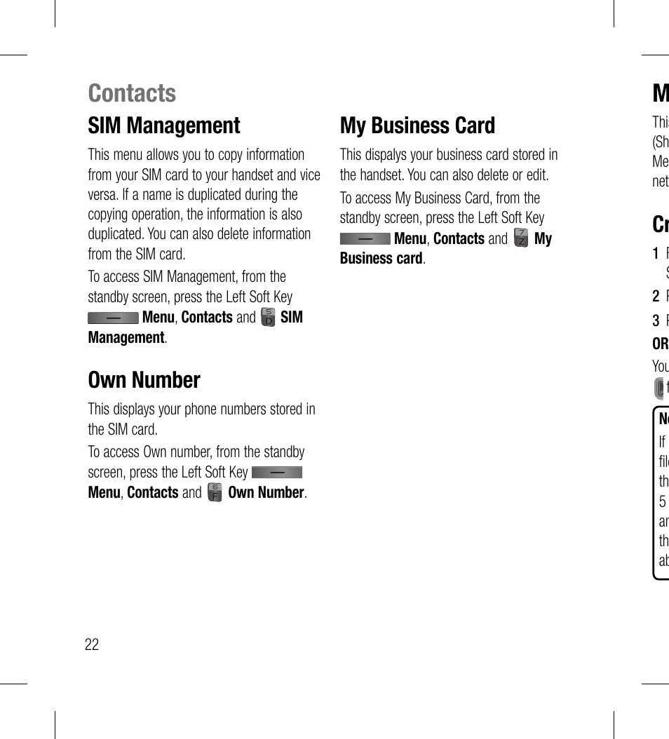 Contacts, Sim management, Own number | My business card | LG LG530G User Manual | Page 24 / 130