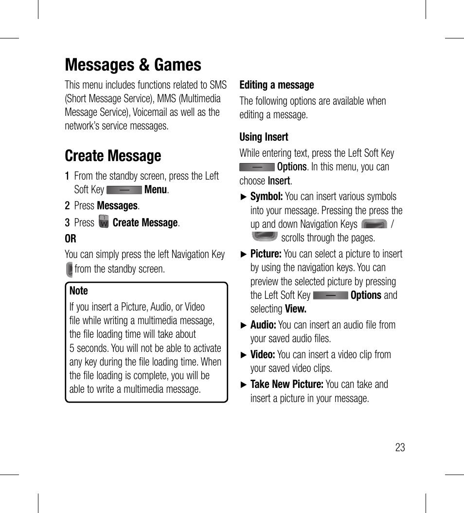 Messages & games, Create message | LG LG530G User Manual | Page 25 / 130