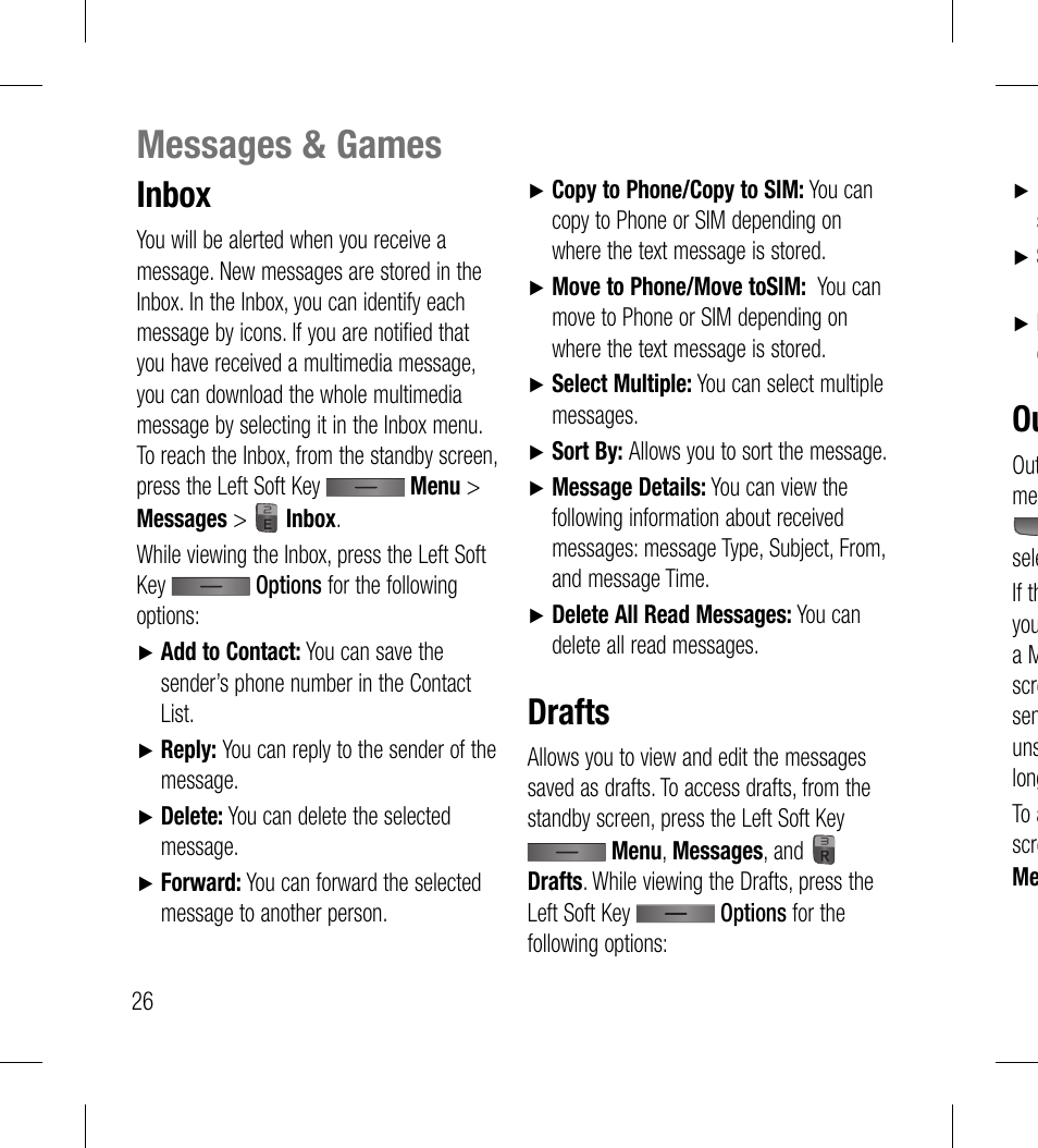 Messages & games, Inbox, Drafts | LG LG530G User Manual | Page 28 / 130