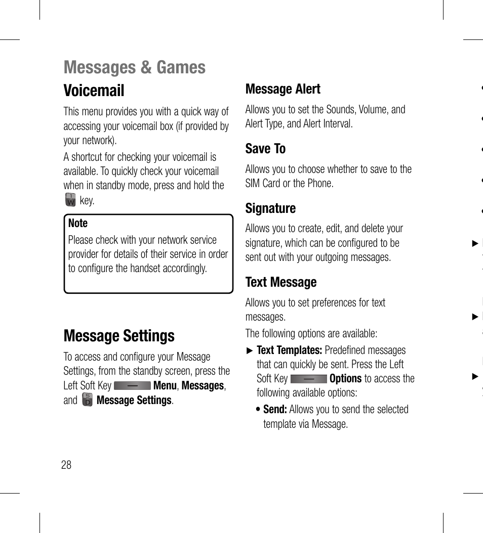 Messages & games, Voicemail, Message settings | LG LG530G User Manual | Page 30 / 130