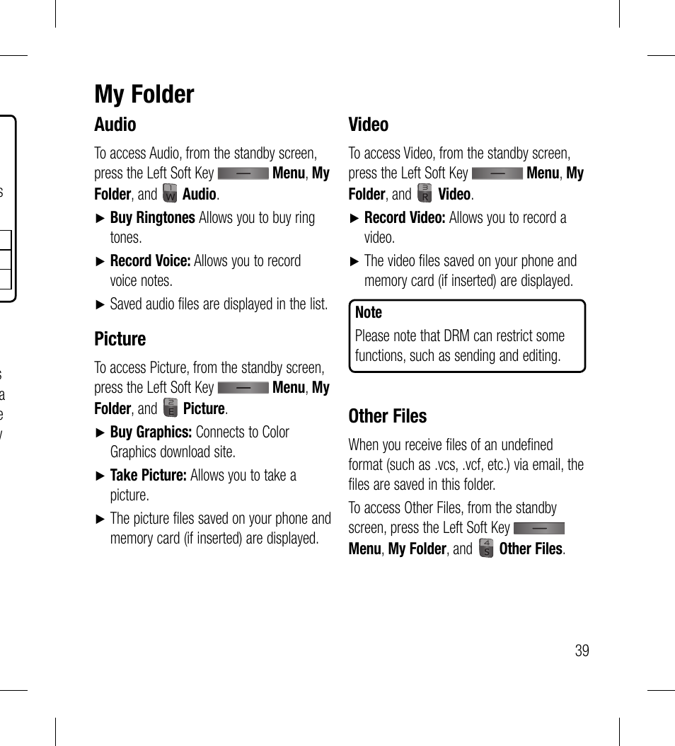 My folder, Audio, Picture | Video, Other files | LG LG530G User Manual | Page 41 / 130