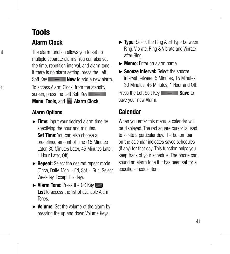 Tools, Alarm clock, Calendar | LG LG530G User Manual | Page 43 / 130