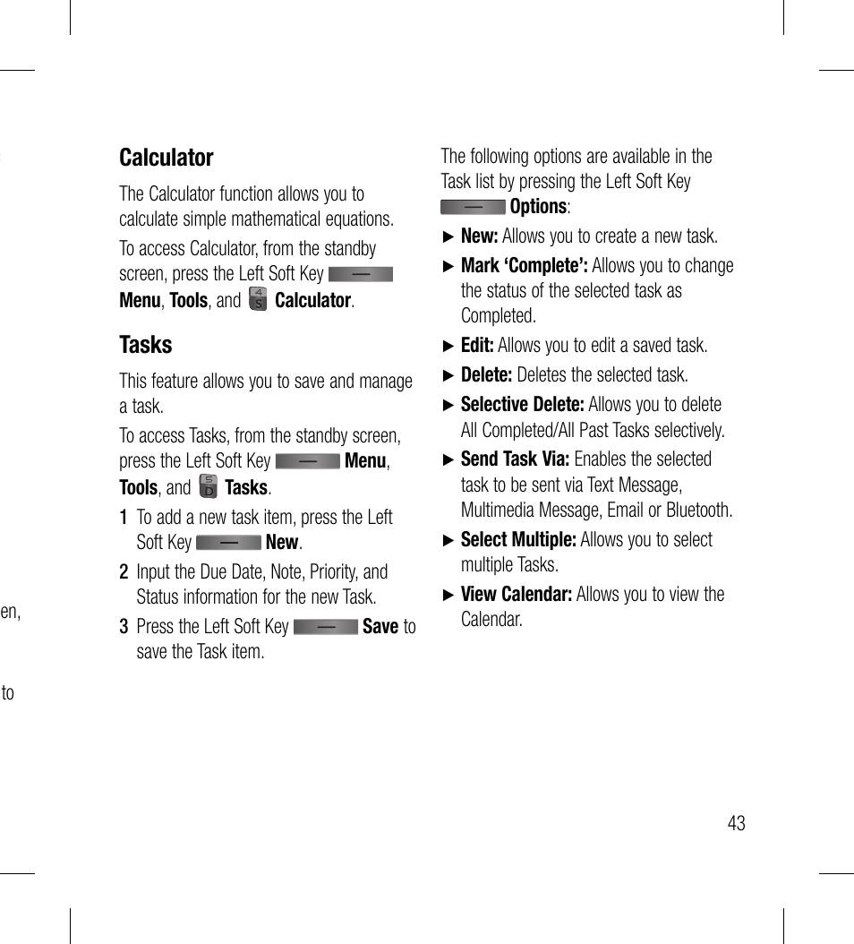 Calculator, Tasks | LG LG530G User Manual | Page 45 / 130