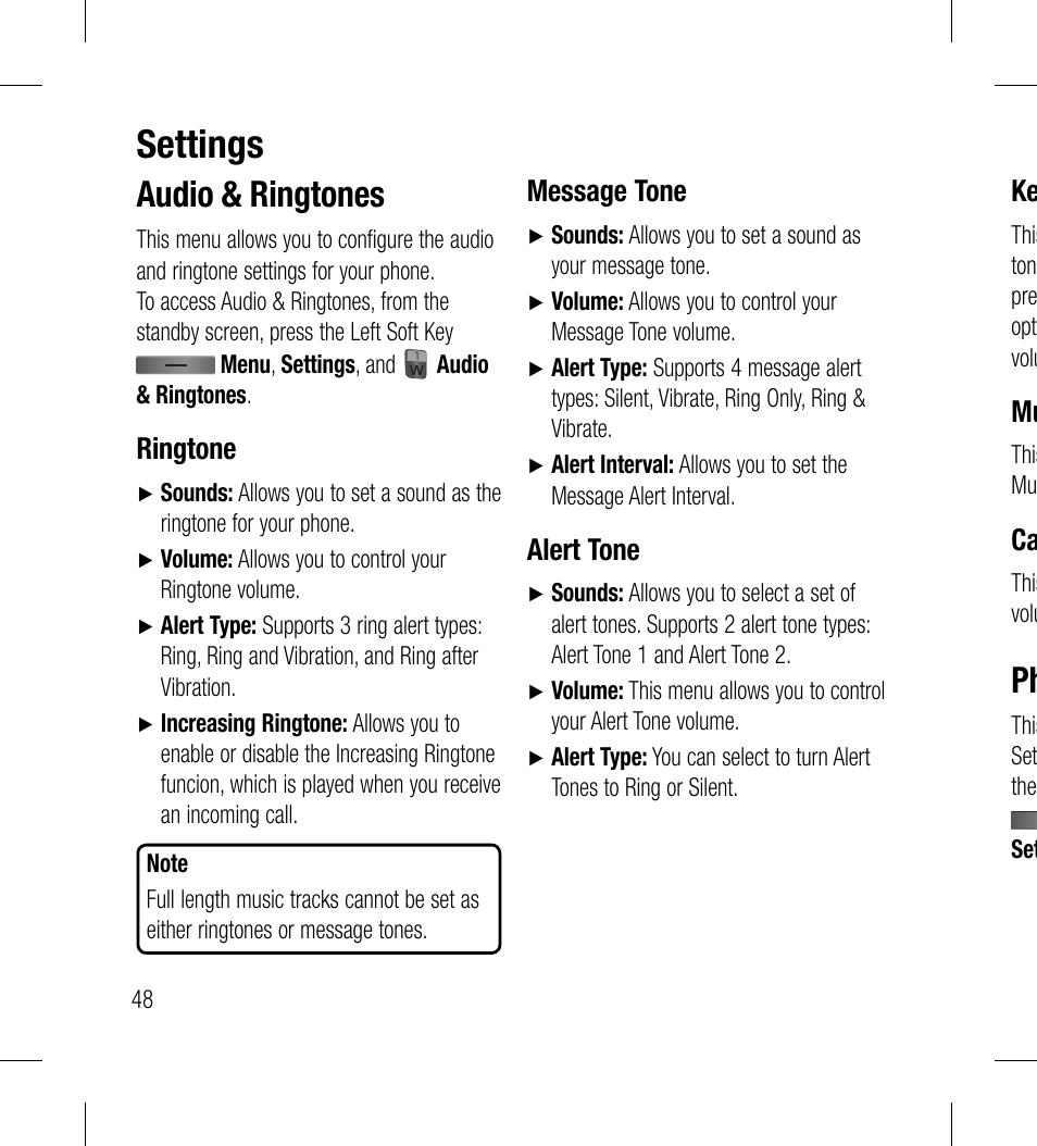 Settings, Audio & ringtones, Ringtone | Message tone, Alert tone | LG LG530G User Manual | Page 50 / 130