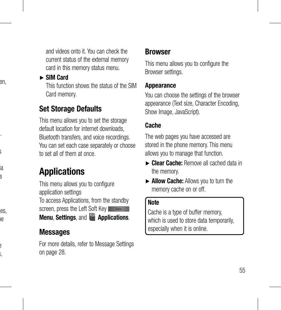 Applications, Set storage defaults, Messages | Browser | LG LG530G User Manual | Page 57 / 130