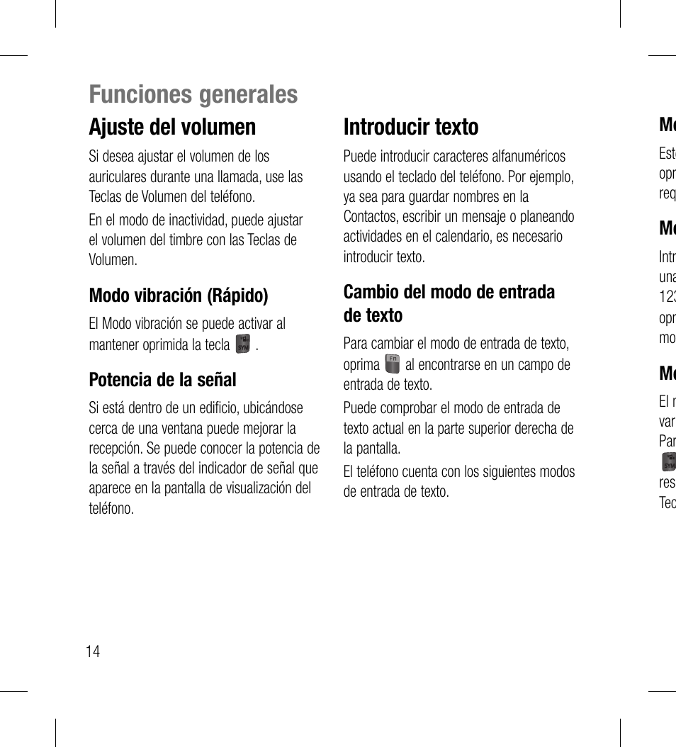 Funciones generales, Ajuste del volumen, Introducir texto | LG LG530G User Manual | Page 76 / 130