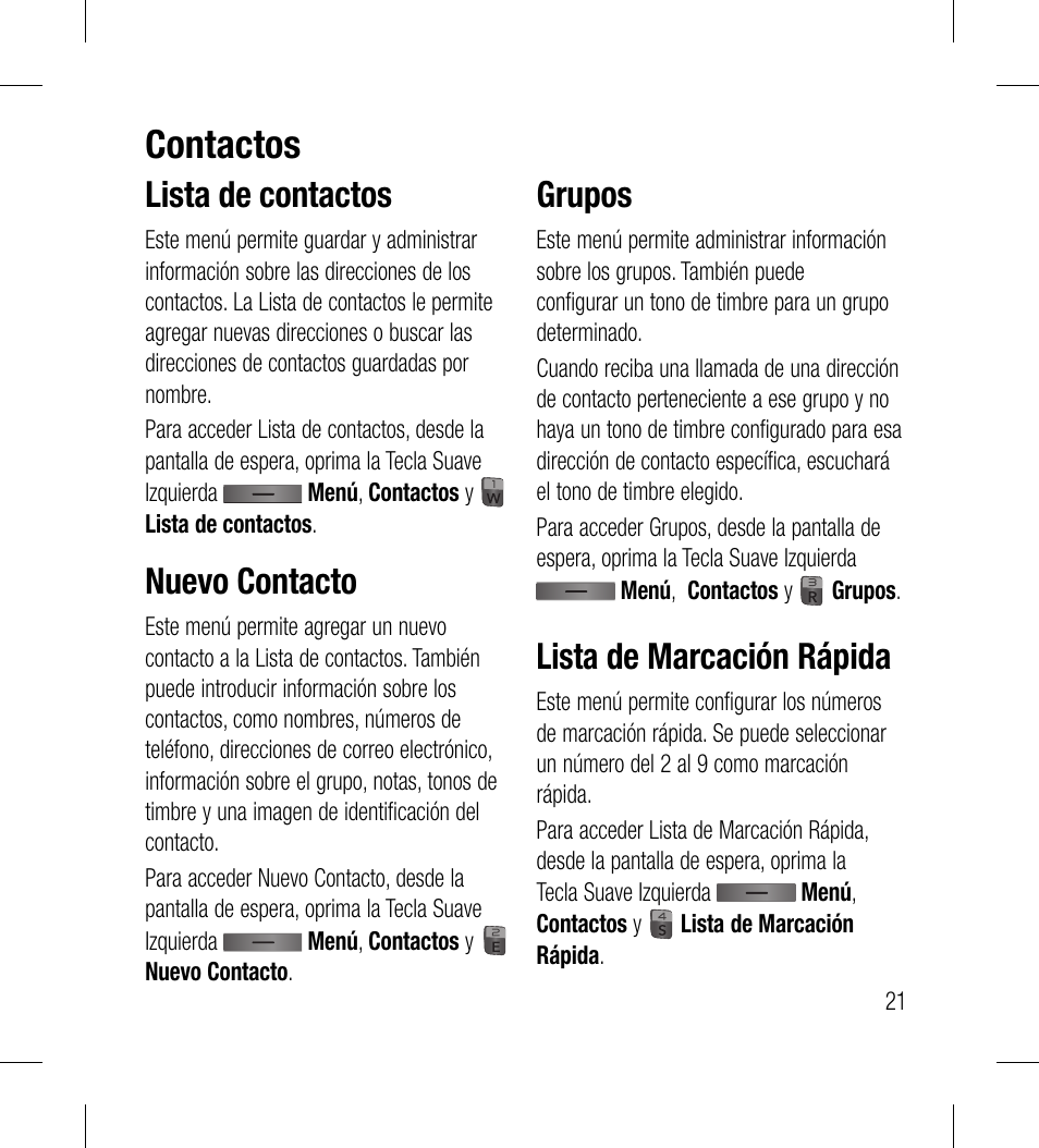 Contactos, Lista de contactos, Nuevo contacto | Grupos, Lista de marcación rápida | LG LG530G User Manual | Page 83 / 130
