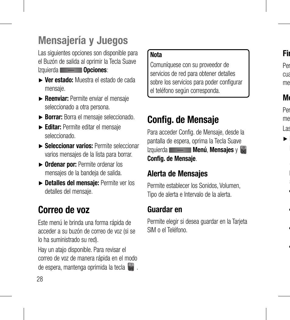 Mensajería y juegos, Correo de voz, Conﬁ g. de mensaje | Alerta de mensajes, Guardar en | LG LG530G User Manual | Page 90 / 130