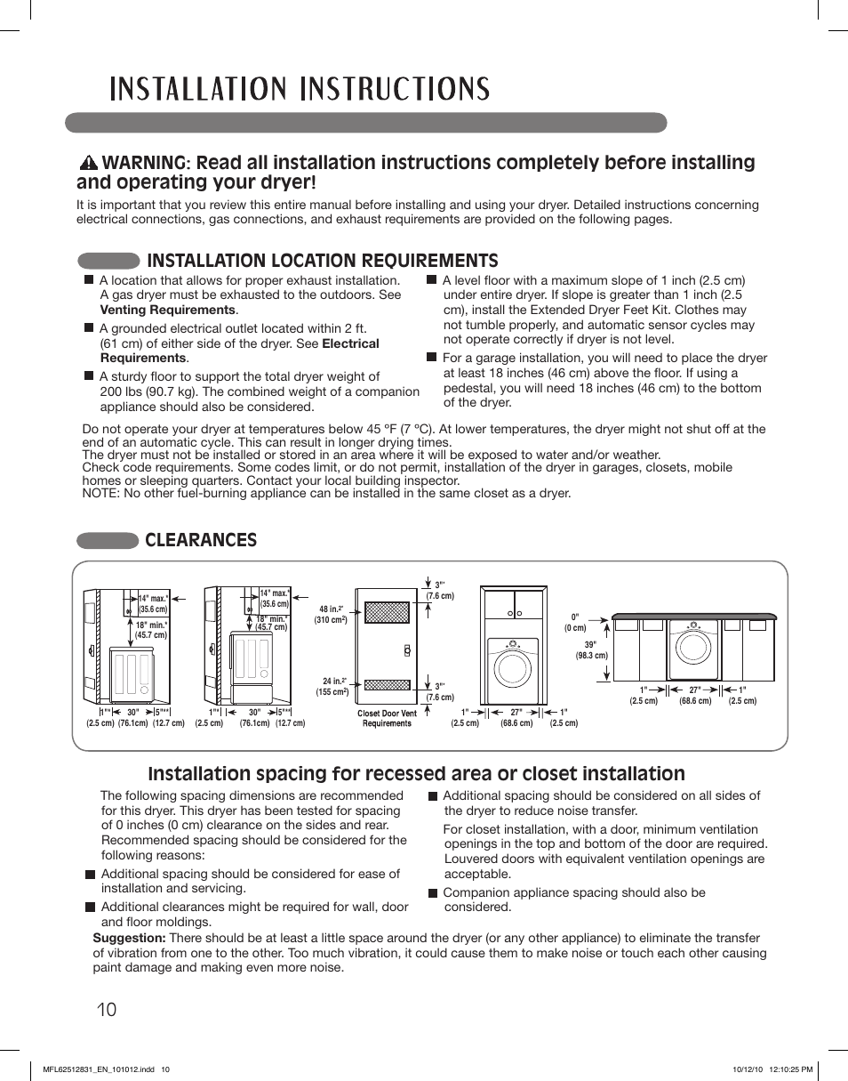 Clearances, Installation location requirements | LG DLE2350W User Manual | Page 10 / 132