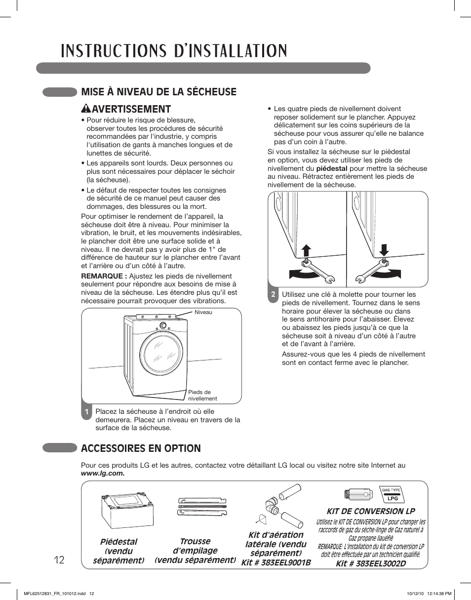 Mise à niveau de la sécheuse, Avertissement, Accessoires en option | LG DLE2350W User Manual | Page 100 / 132