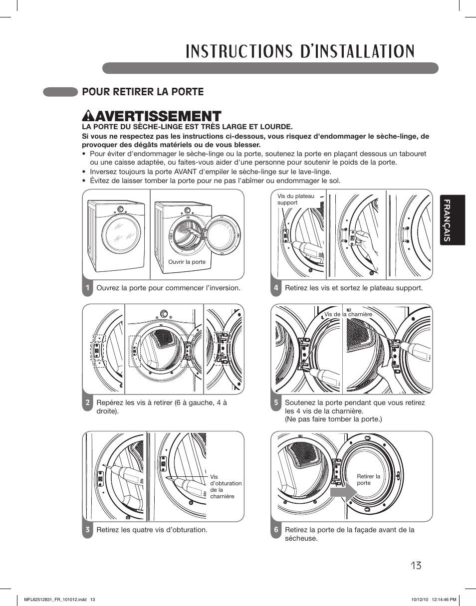 Wavertissement, Pour retirer la porte | LG DLE2350W User Manual | Page 101 / 132