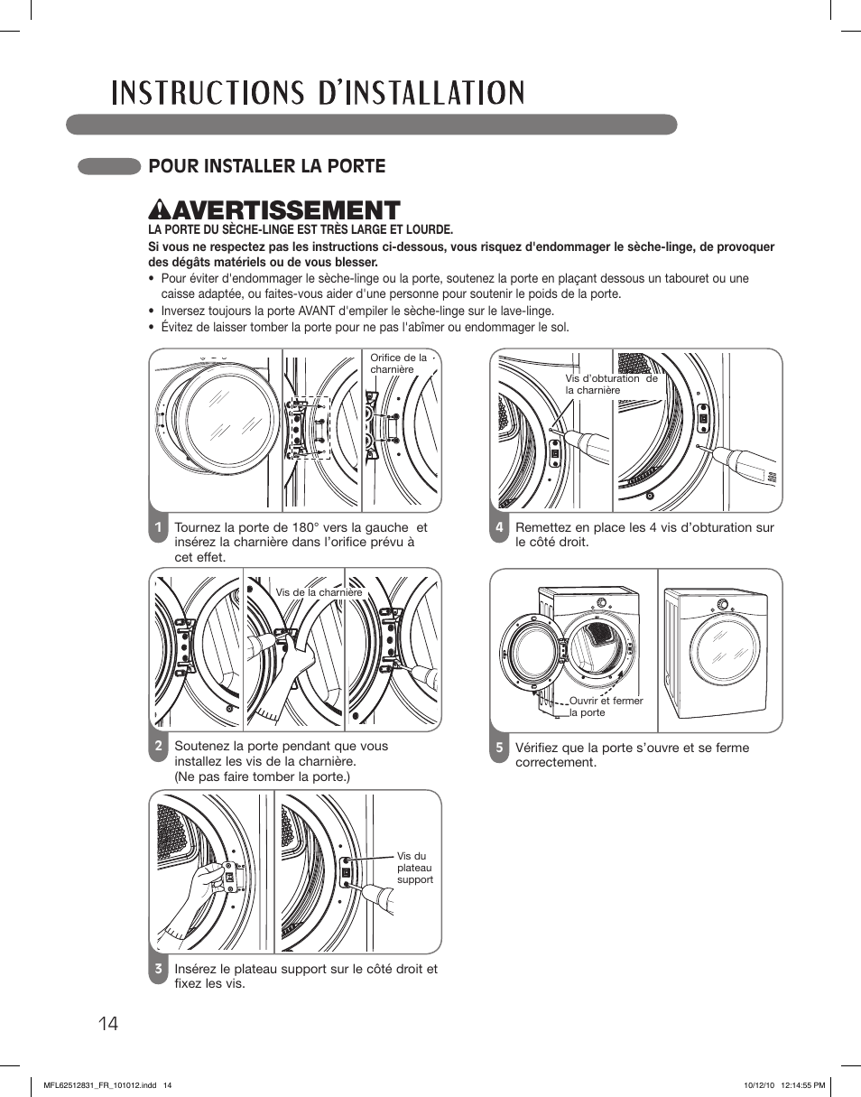 Wavertissement, Pour installer la porte | LG DLE2350W User Manual | Page 102 / 132