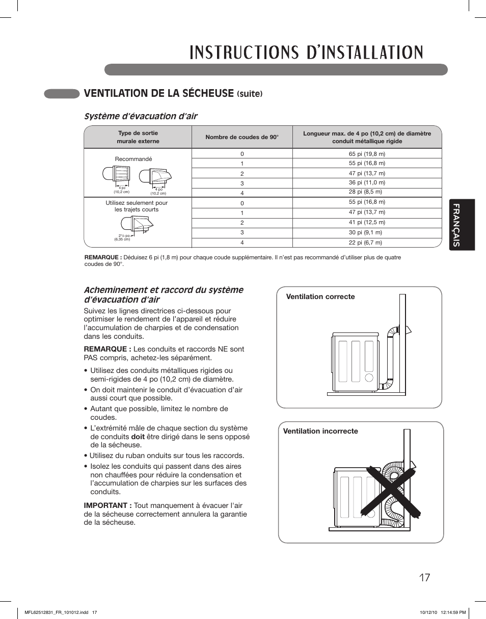 Ventilation de la sécheuse, Français, Système d’évacuation d’air | LG DLE2350W User Manual | Page 105 / 132