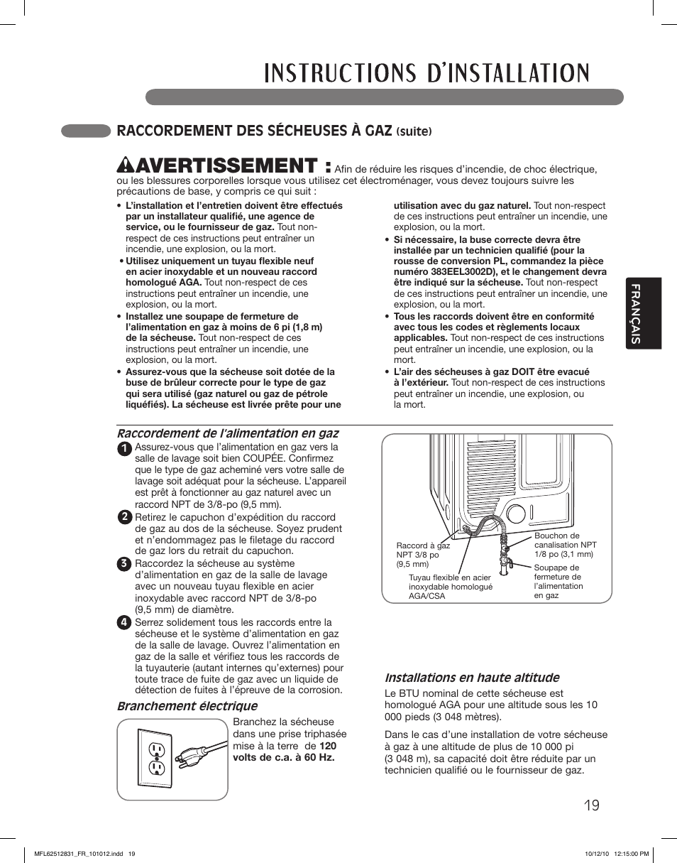 Wavertissement, Raccordement des sécheuses à gaz | LG DLE2350W User Manual | Page 107 / 132