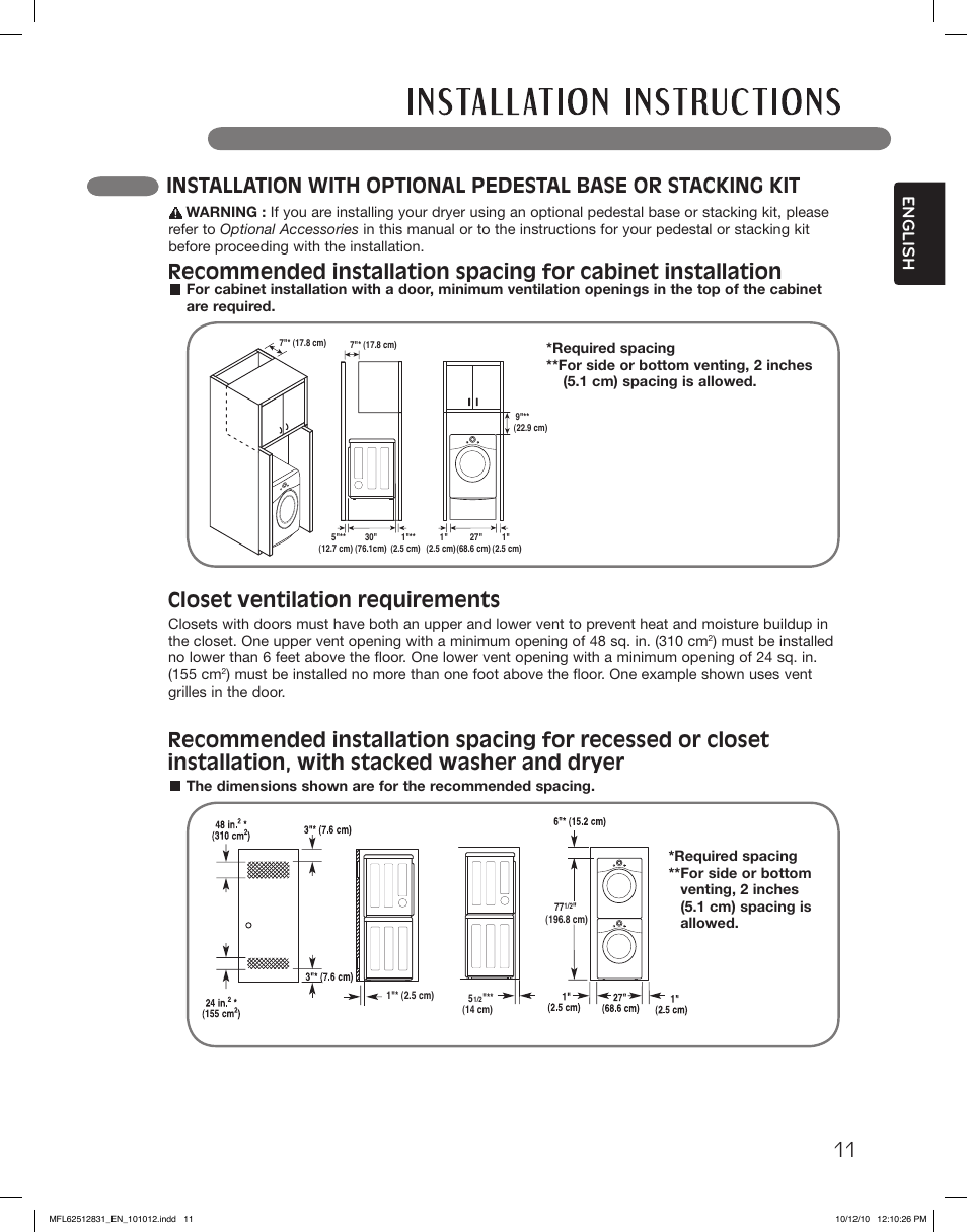 Closet ventilation requirements, English | LG DLE2350W User Manual | Page 11 / 132
