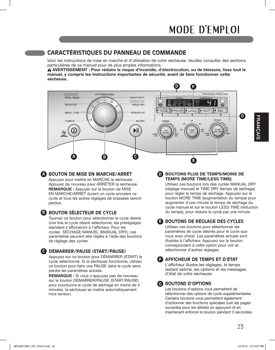 Caractéristiques du panneau de commande | LG DLE2350W User Manual | Page 111 / 132