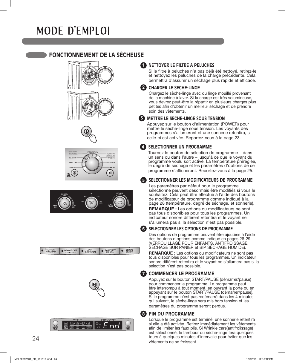 Fonctionnement de la sécheuse | LG DLE2350W User Manual | Page 112 / 132