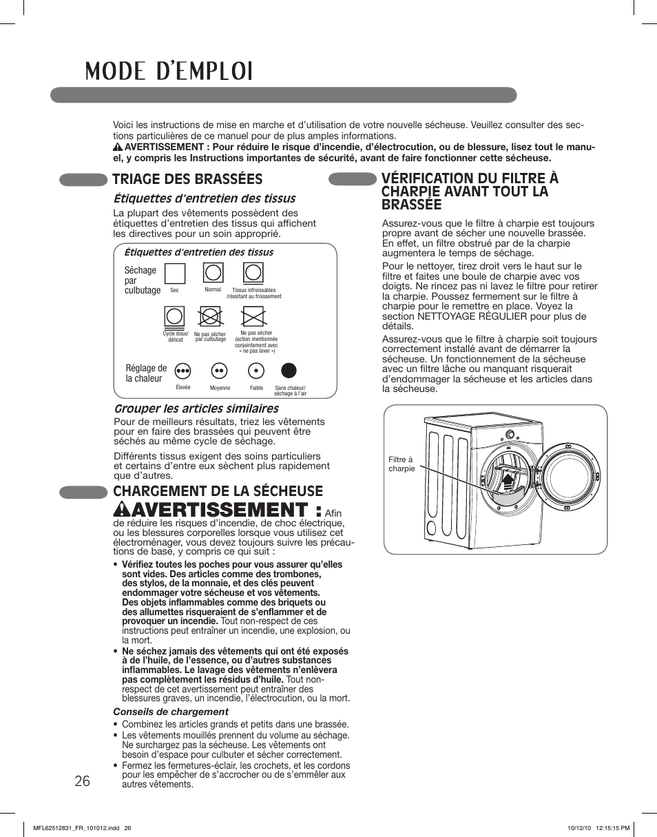 Wavertissement, Chargement de la sécheuse, Triage des brassées | LG DLE2350W User Manual | Page 114 / 132