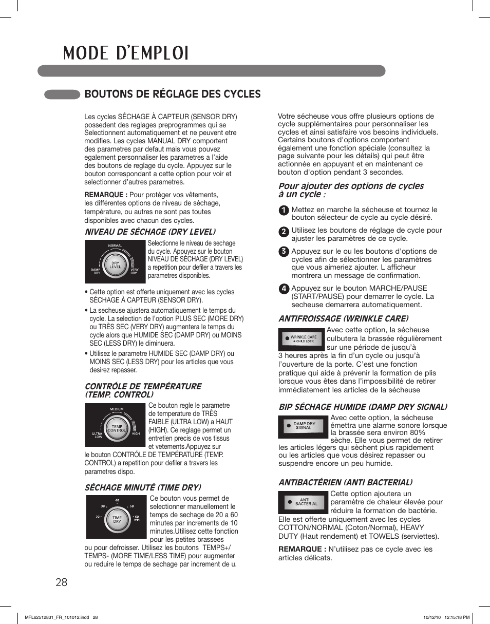 Boutons de réglage des cycles | LG DLE2350W User Manual | Page 116 / 132