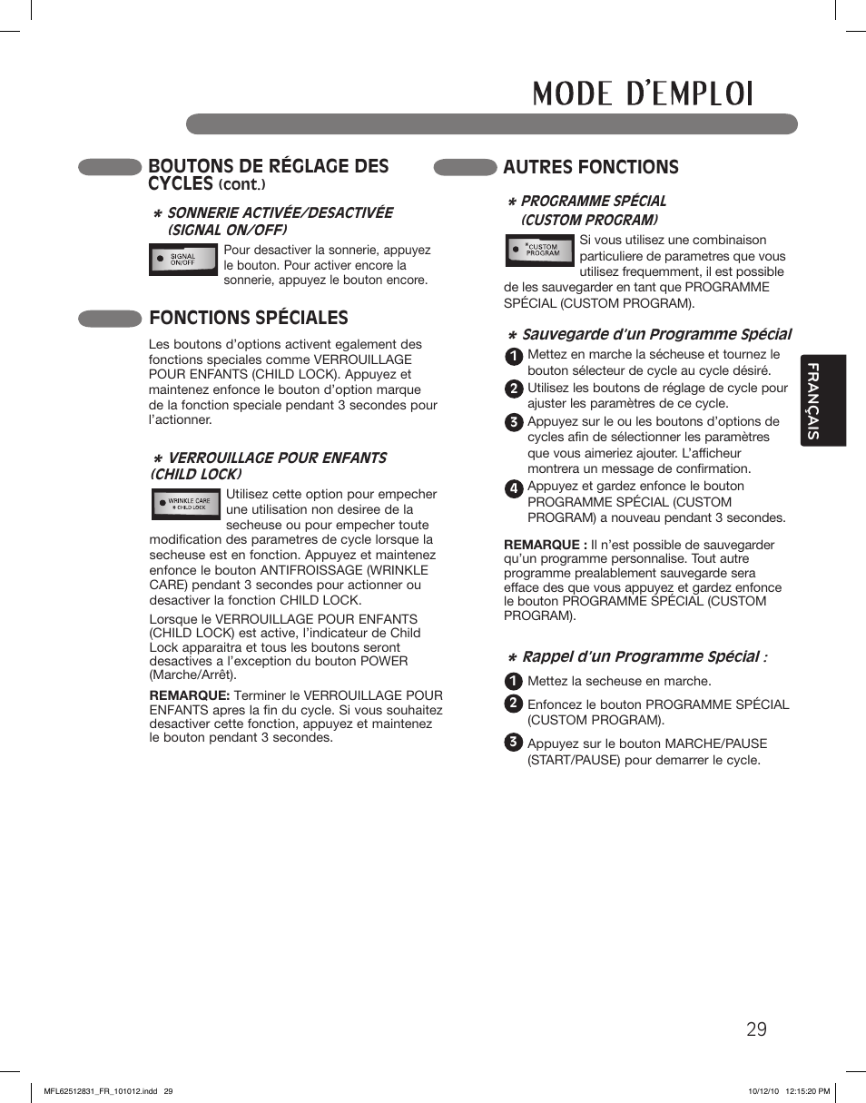Fonctions spéciales, Boutons de réglage des cycles, Autres fonctions | LG DLE2350W User Manual | Page 117 / 132